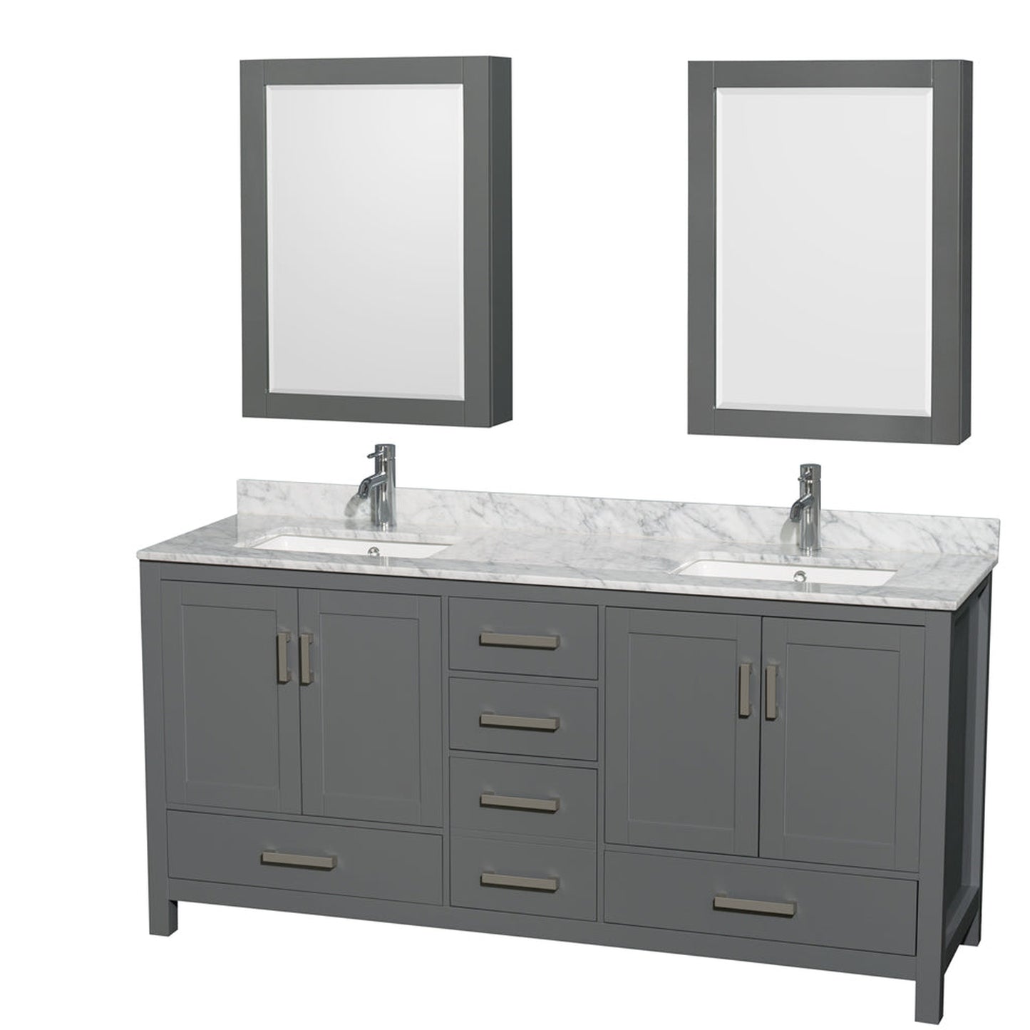 Wyndham Collection Sheffield 72" Double Bathroom Vanity in Dark Gray, White Carrara Marble Countertop, Undermount Square Sinks, and Medicine Cabinet