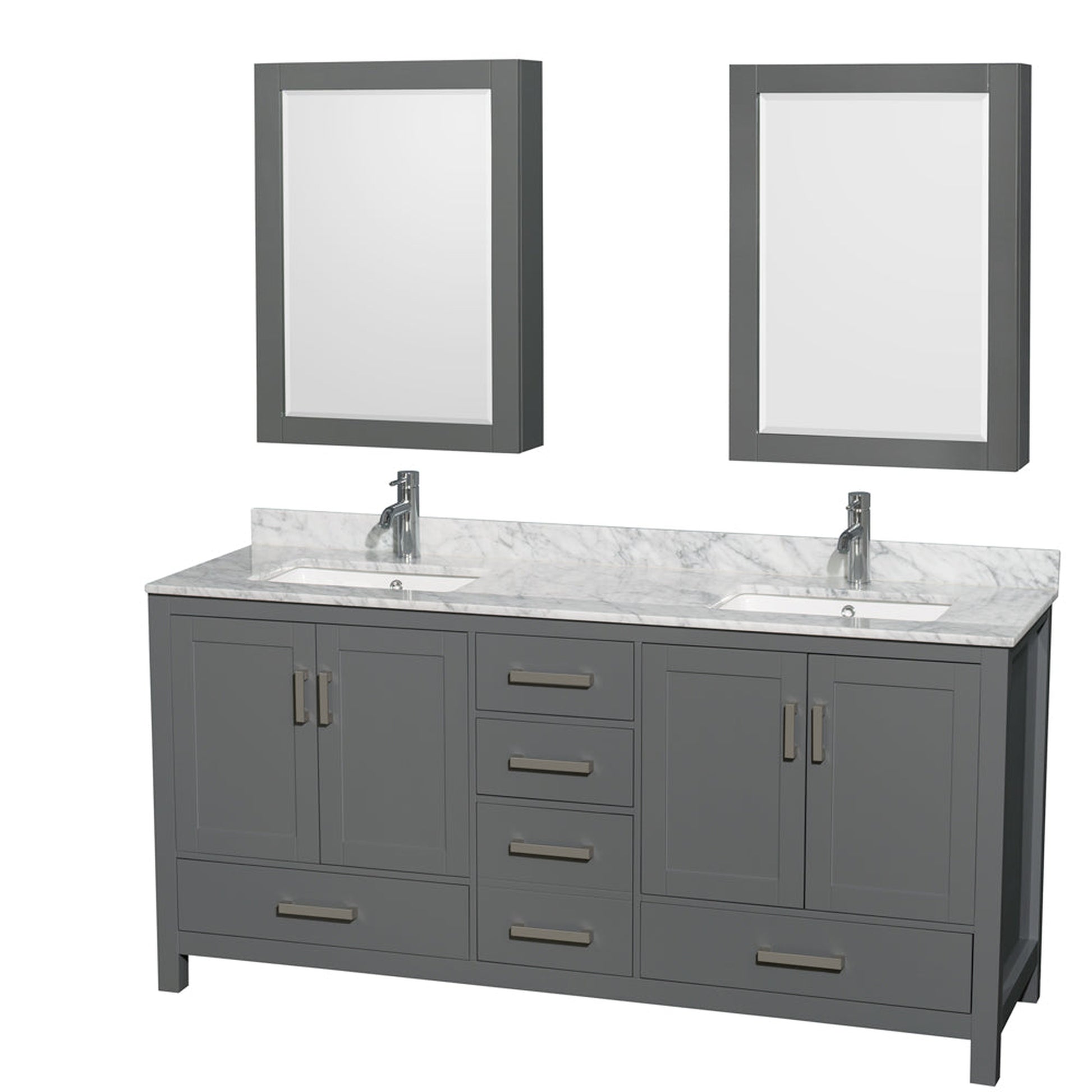 Wyndham Collection Sheffield 72" Double Bathroom Vanity in Dark Gray, White Carrara Marble Countertop, Undermount Square Sinks, and Medicine Cabinet