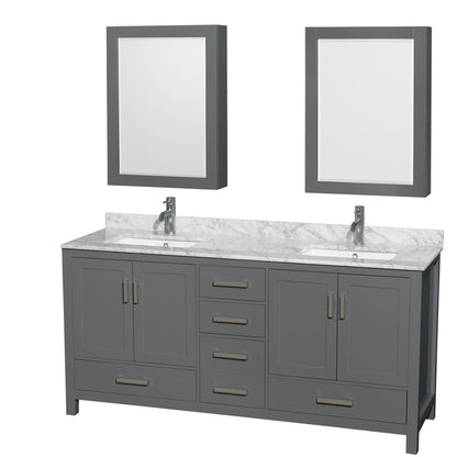 Wyndham Collection Sheffield 72" Double Bathroom Vanity in Dark Gray, White Carrara Marble Countertop, Undermount Square Sinks, and Medicine Cabinet