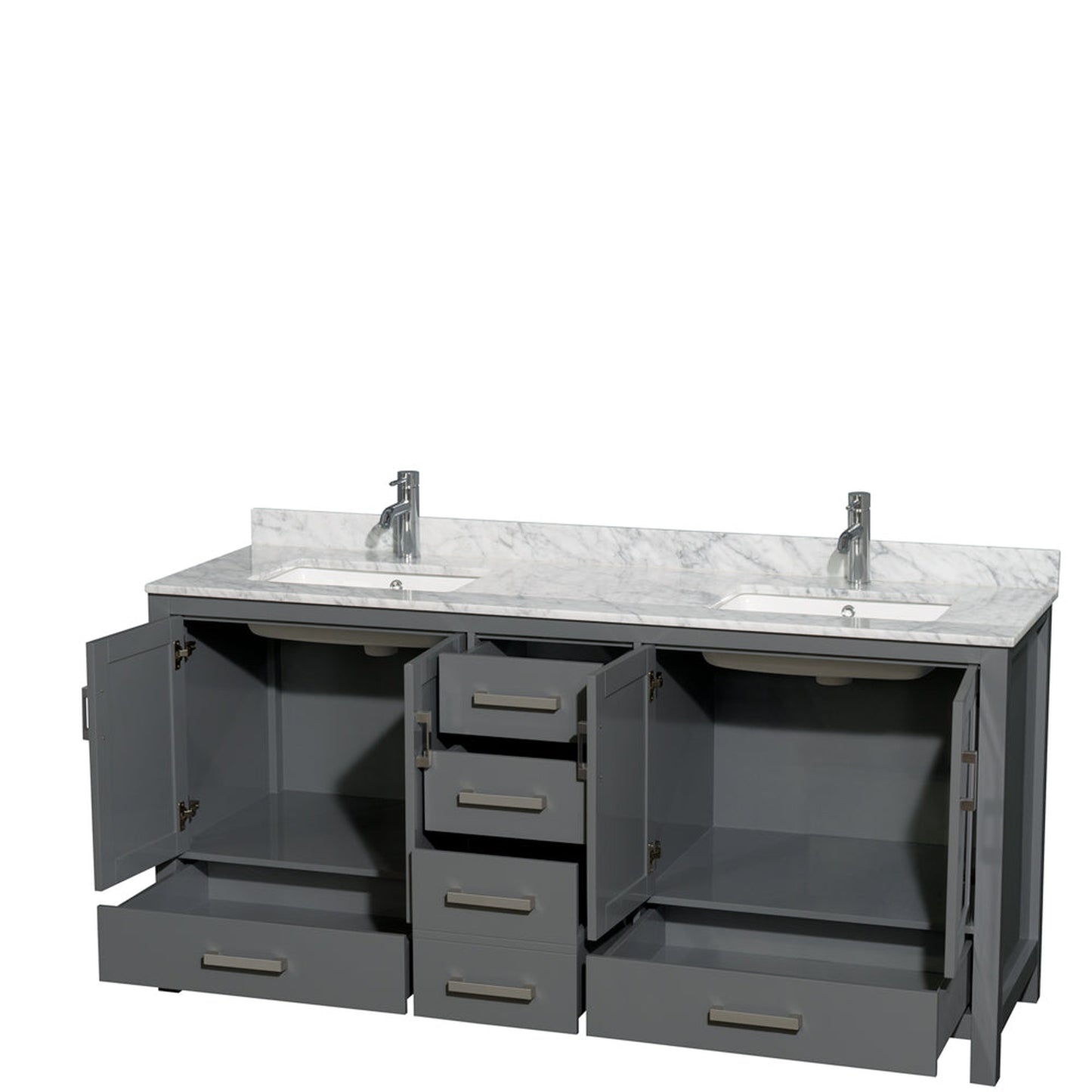 Wyndham Collection Sheffield 72" Double Bathroom Vanity in Dark Gray, White Carrara Marble Countertop, Undermount Square Sinks, and No Mirror