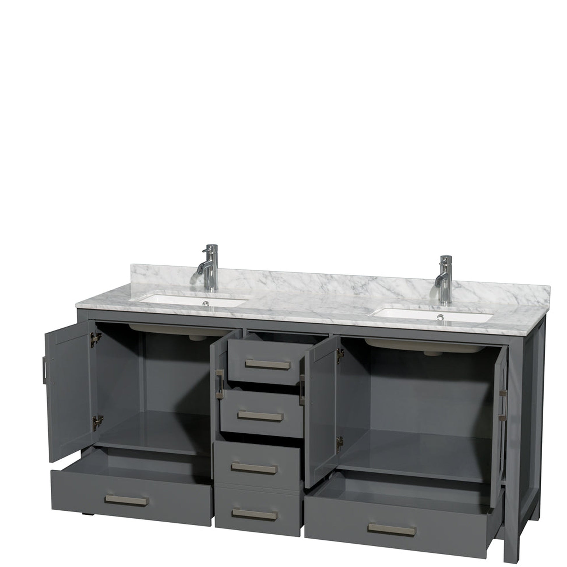 Wyndham Collection Sheffield 72" Double Bathroom Vanity in Dark Gray, White Carrara Marble Countertop, Undermount Square Sinks, and No Mirror