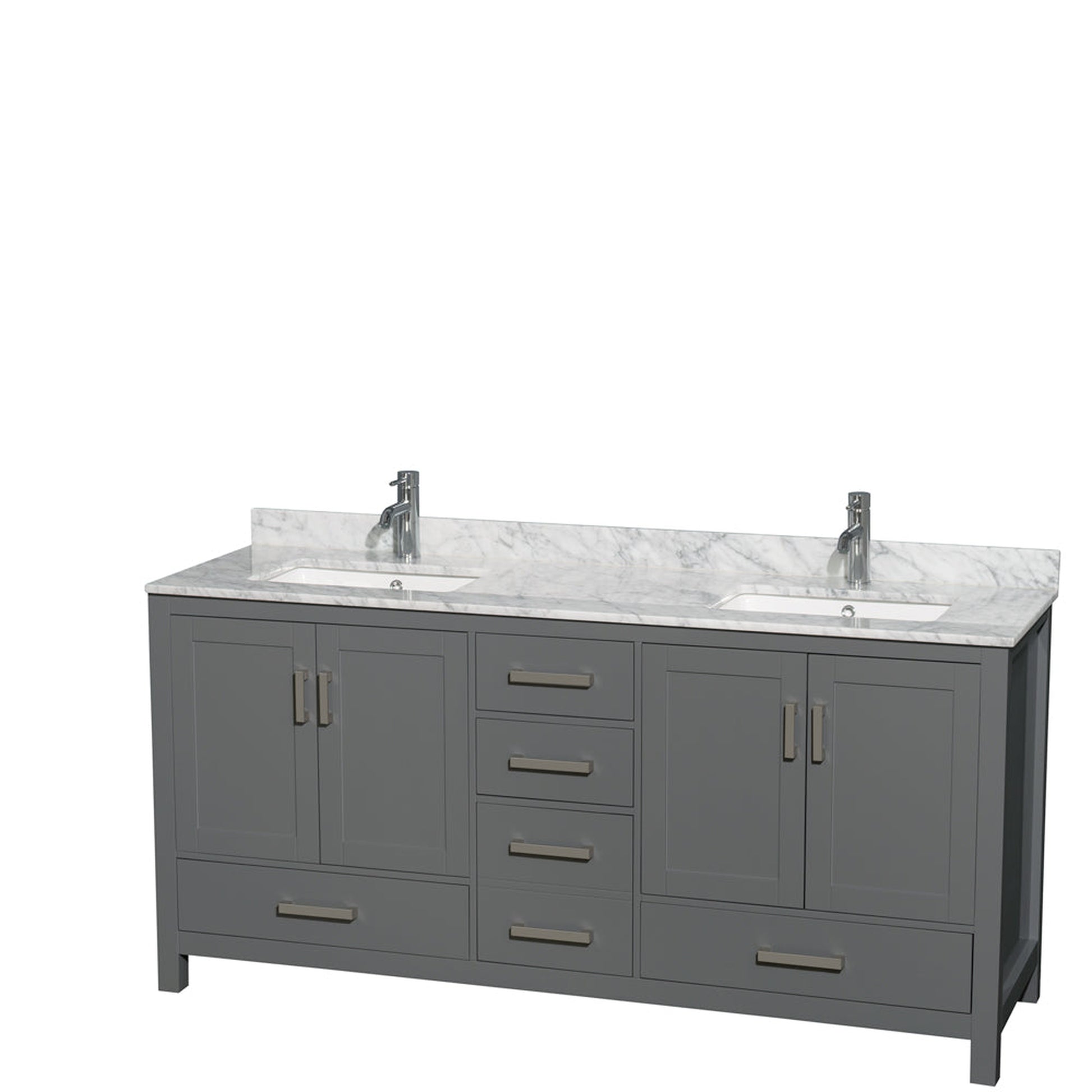 Wyndham Collection Sheffield 72" Double Bathroom Vanity in Dark Gray, White Carrara Marble Countertop, Undermount Square Sinks, and No Mirror