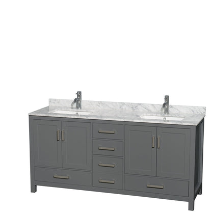 Wyndham Collection Sheffield 72" Double Bathroom Vanity in Dark Gray, White Carrara Marble Countertop, Undermount Square Sinks, and No Mirror