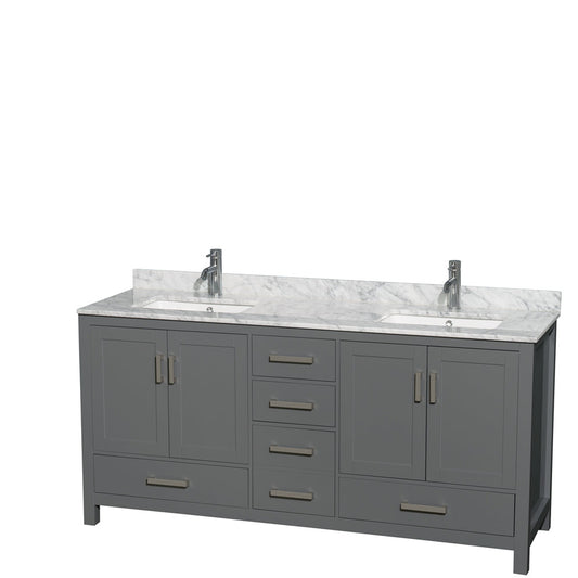 Wyndham Collection Sheffield 72" Double Bathroom Vanity in Dark Gray, White Carrara Marble Countertop, Undermount Square Sinks, and No Mirror