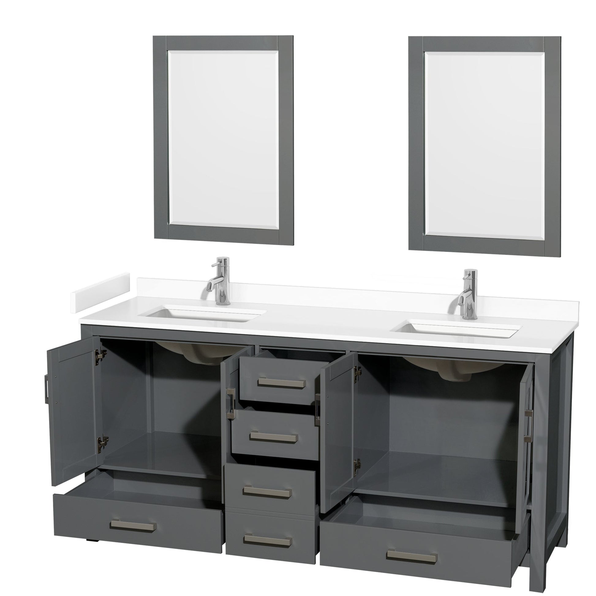 Wyndham Collection Sheffield 72" Double Bathroom Vanity in Dark Gray, White Cultured Marble Countertop, Undermount Square Sinks, 24" Mirror