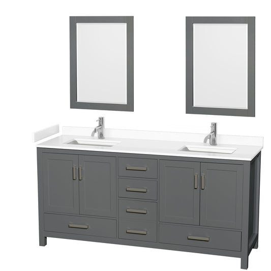 Wyndham Collection Sheffield 72" Double Bathroom Vanity in Dark Gray, White Cultured Marble Countertop, Undermount Square Sinks, 24" Mirror