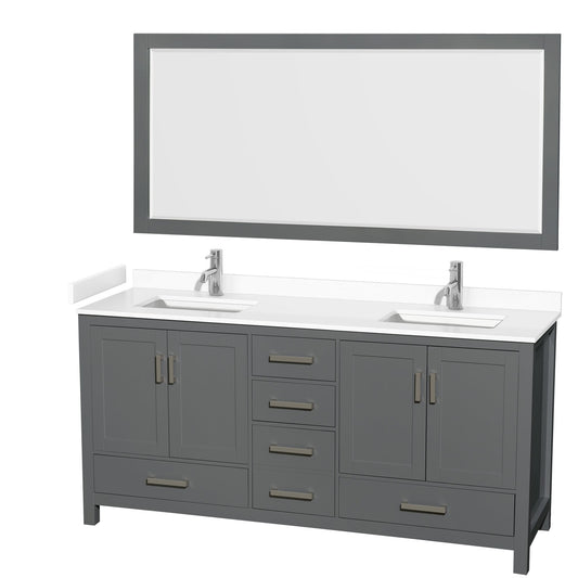 Wyndham Collection Sheffield 72" Double Bathroom Vanity in Dark Gray, White Cultured Marble Countertop, Undermount Square Sinks, 70" Mirror