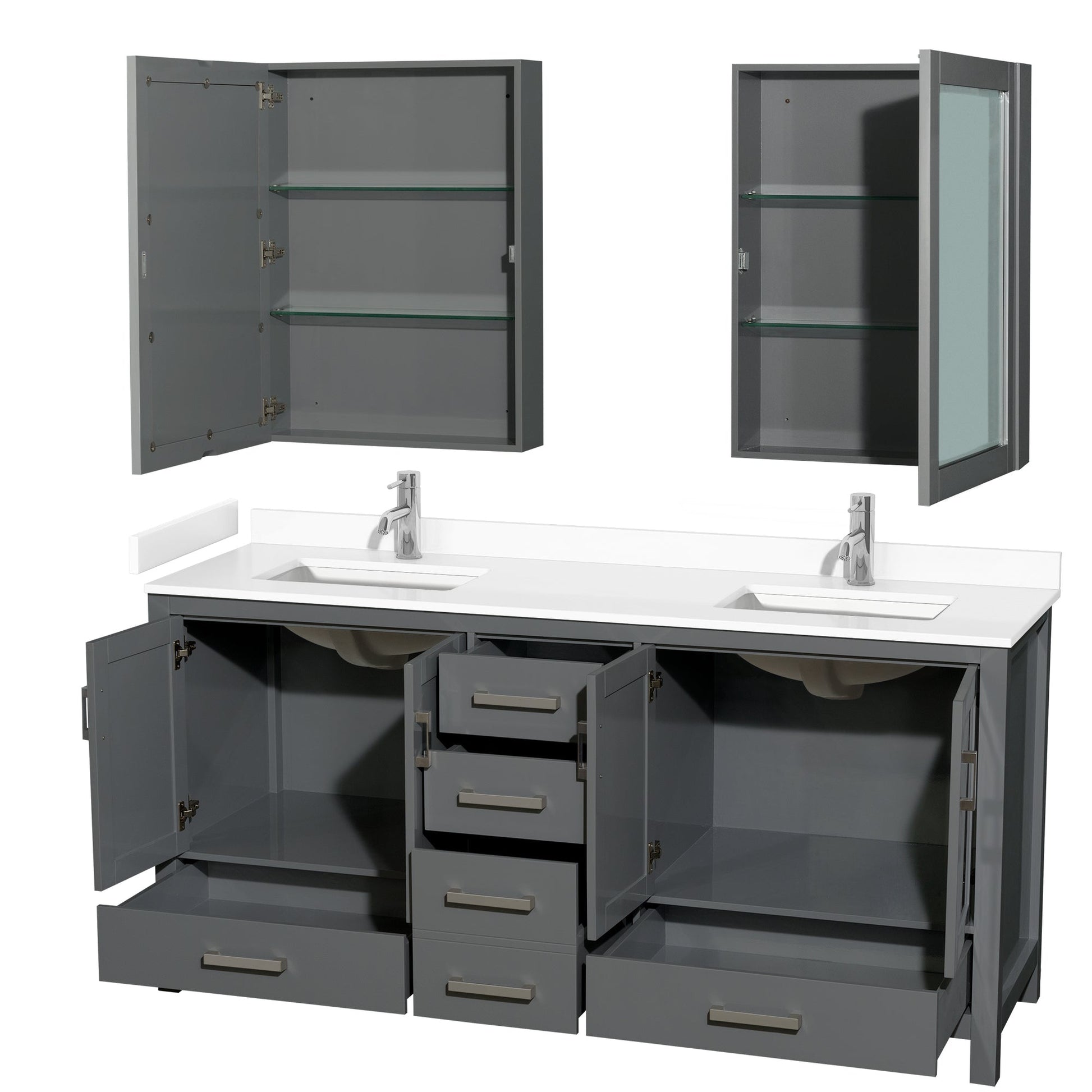 Wyndham Collection Sheffield 72" Double Bathroom Vanity in Dark Gray, White Cultured Marble Countertop, Undermount Square Sinks, Medicine Cabinet