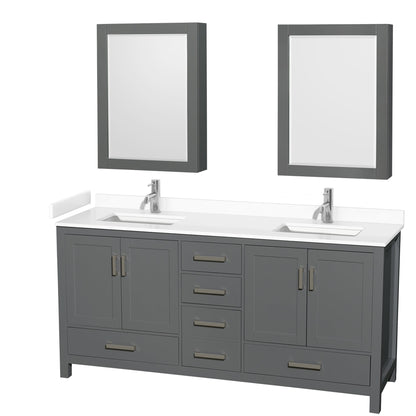 Wyndham Collection Sheffield 72" Double Bathroom Vanity in Dark Gray, White Cultured Marble Countertop, Undermount Square Sinks, Medicine Cabinet