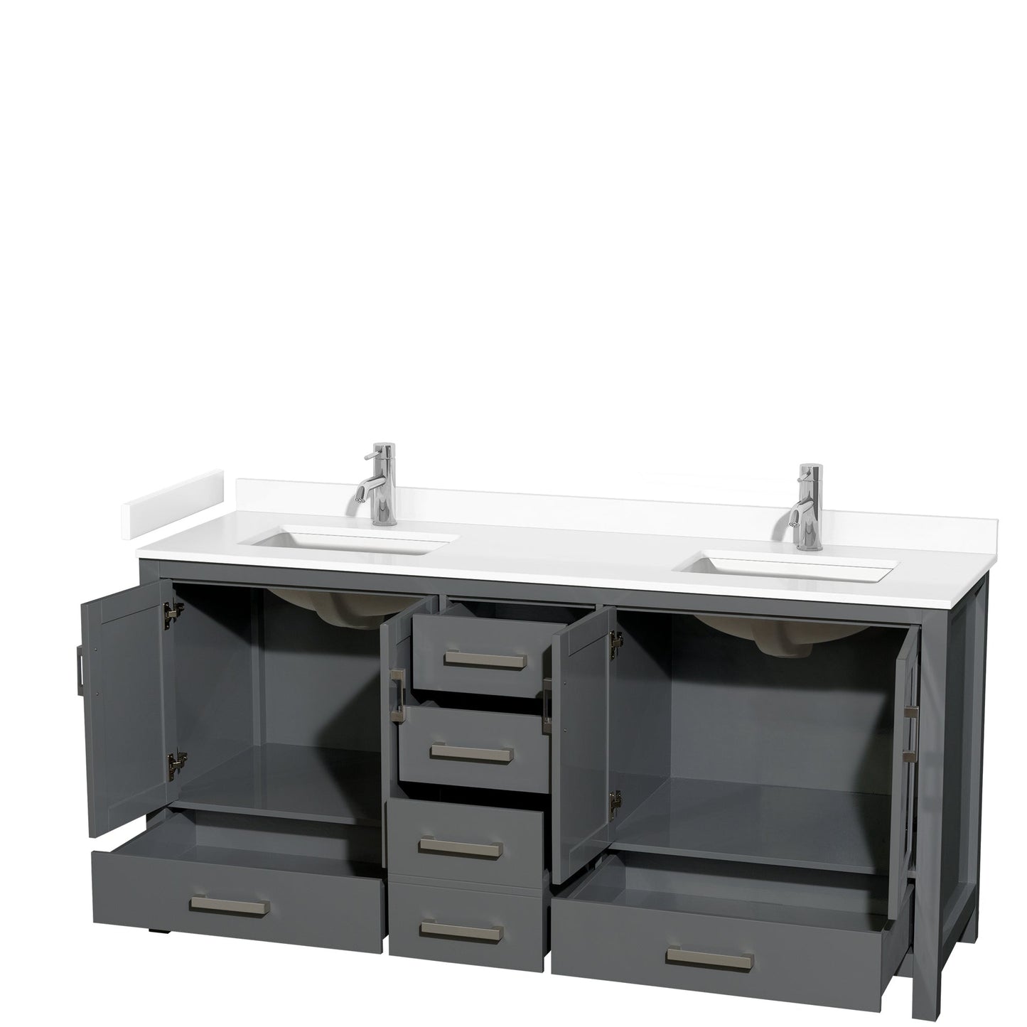 Wyndham Collection Sheffield 72" Double Bathroom Vanity in Dark Gray, White Cultured Marble Countertop, Undermount Square Sinks, No Mirror