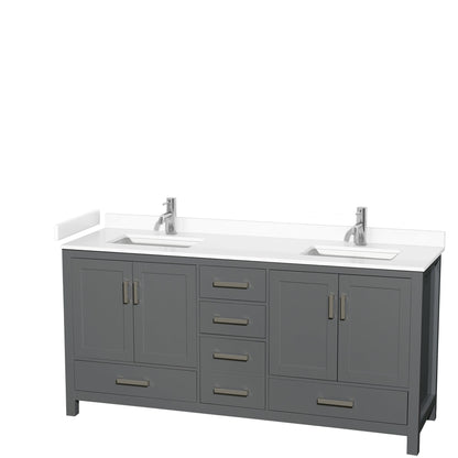 Wyndham Collection Sheffield 72" Double Bathroom Vanity in Dark Gray, White Cultured Marble Countertop, Undermount Square Sinks, No Mirror