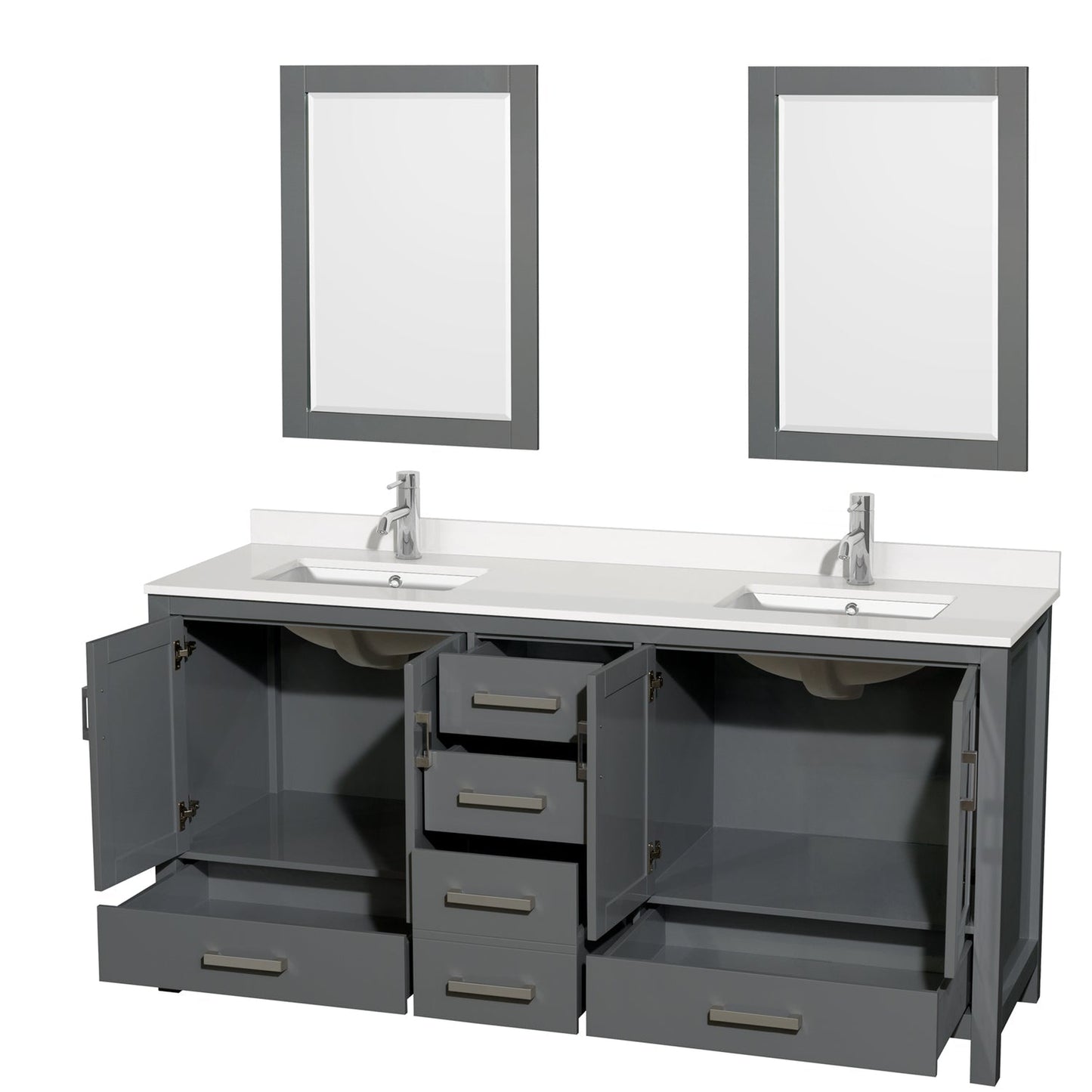Wyndham Collection Sheffield 72" Double Bathroom Vanity in Dark Gray, White Quartz Countertop, Undermount Square Sinks, 24" Mirror