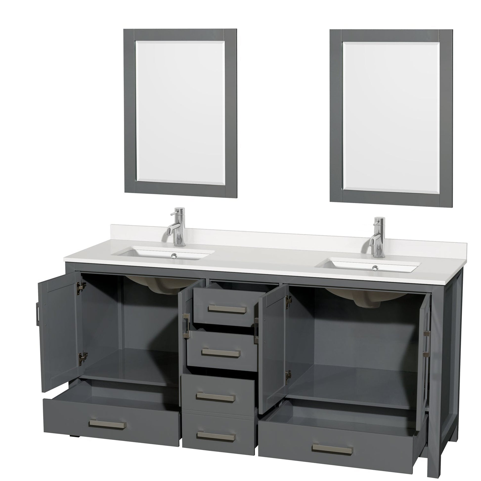 Wyndham Collection Sheffield 72" Double Bathroom Vanity in Dark Gray, White Quartz Countertop, Undermount Square Sinks, 24" Mirror