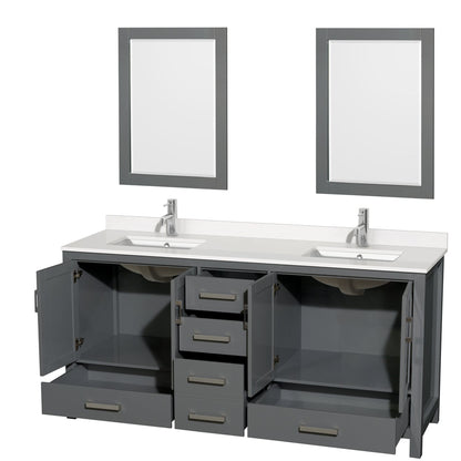 Wyndham Collection Sheffield 72" Double Bathroom Vanity in Dark Gray, White Quartz Countertop, Undermount Square Sinks, 24" Mirror