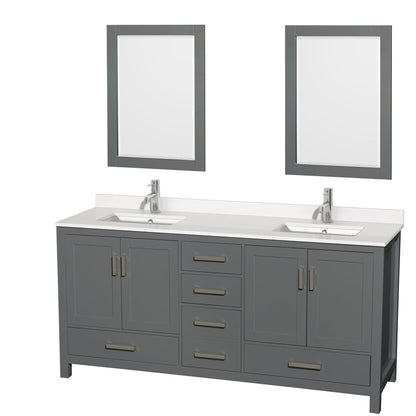 Wyndham Collection Sheffield 72" Double Bathroom Vanity in Dark Gray, White Quartz Countertop, Undermount Square Sinks, 24" Mirror