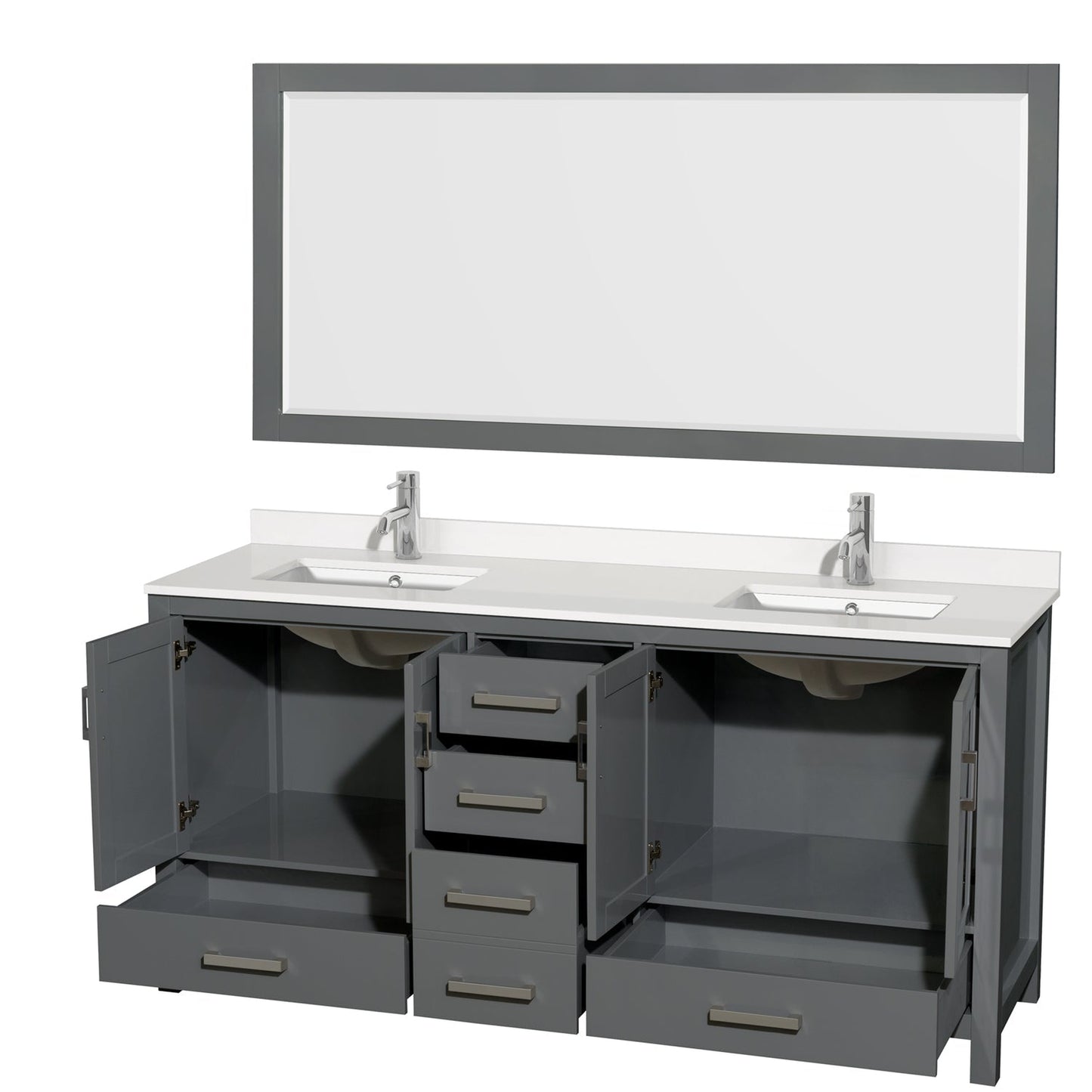 Wyndham Collection Sheffield 72" Double Bathroom Vanity in Dark Gray, White Quartz Countertop, Undermount Square Sinks, 70" Mirror