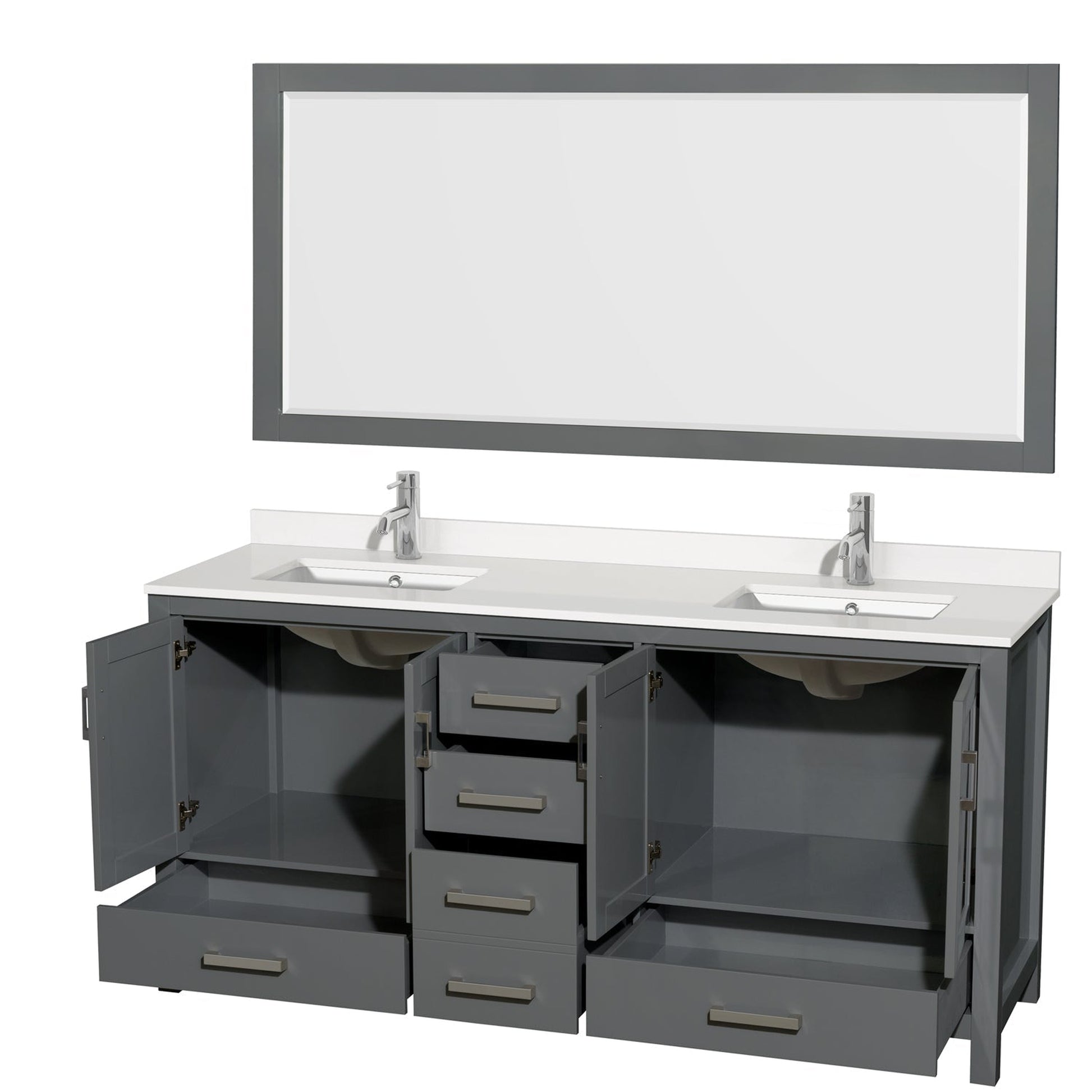 Wyndham Collection Sheffield 72" Double Bathroom Vanity in Dark Gray, White Quartz Countertop, Undermount Square Sinks, 70" Mirror