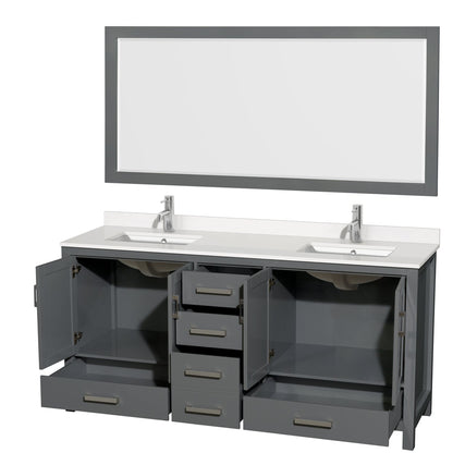 Wyndham Collection Sheffield 72" Double Bathroom Vanity in Dark Gray, White Quartz Countertop, Undermount Square Sinks, 70" Mirror