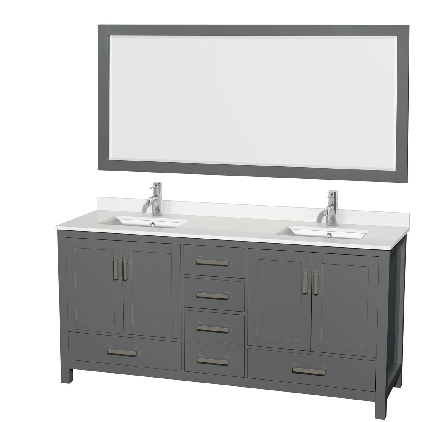 Wyndham Collection Sheffield 72" Double Bathroom Vanity in Dark Gray, White Quartz Countertop, Undermount Square Sinks, 70" Mirror