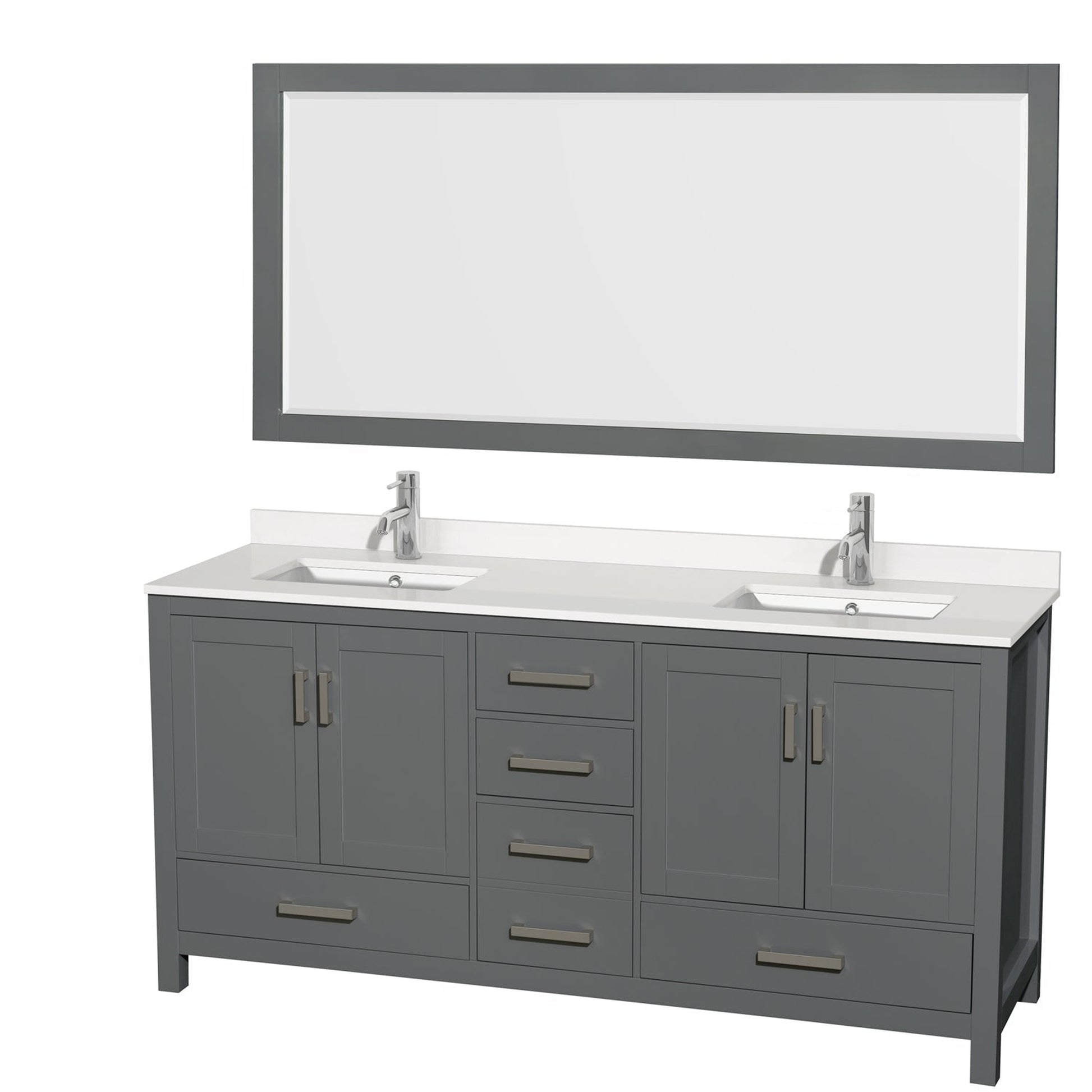 Wyndham Collection Sheffield 72" Double Bathroom Vanity in Dark Gray, White Quartz Countertop, Undermount Square Sinks, 70" Mirror