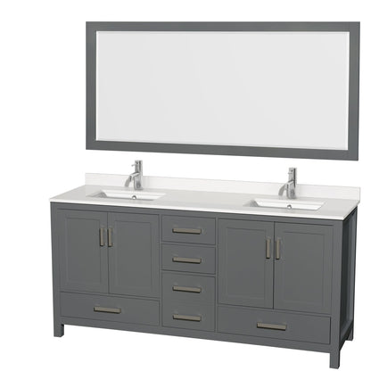 Wyndham Collection Sheffield 72" Double Bathroom Vanity in Dark Gray, White Quartz Countertop, Undermount Square Sinks, 70" Mirror
