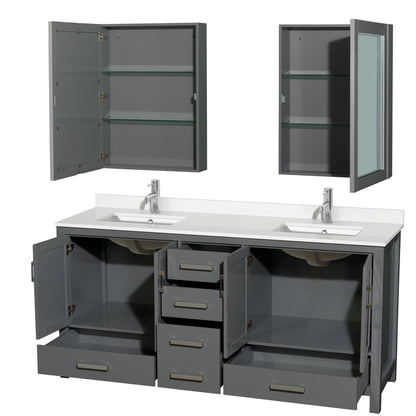 Wyndham Collection Sheffield 72" Double Bathroom Vanity in Dark Gray, White Quartz Countertop, Undermount Square Sinks, Medicine Cabinet