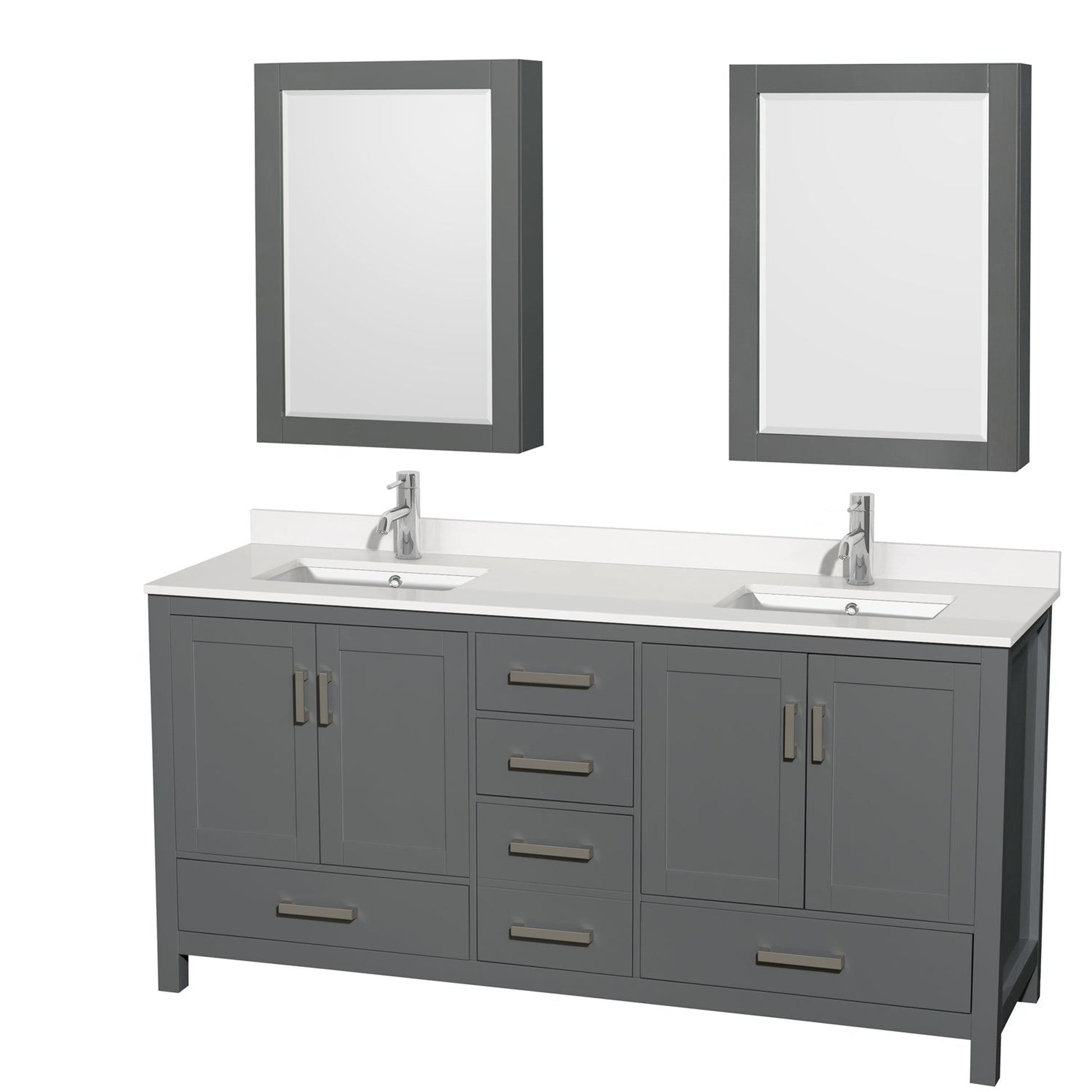 Wyndham Collection Sheffield 72" Double Bathroom Vanity in Dark Gray, White Quartz Countertop, Undermount Square Sinks, Medicine Cabinet