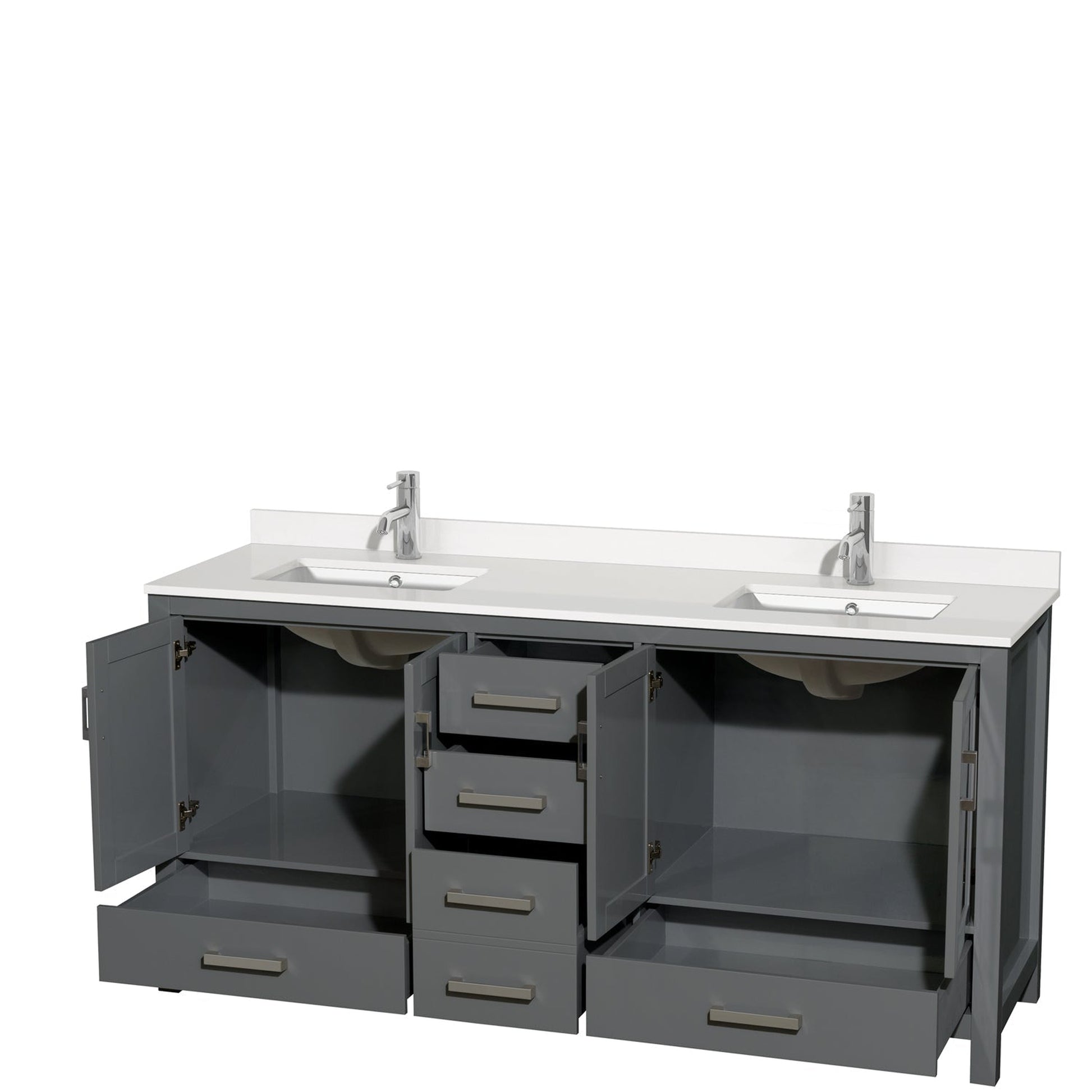 Wyndham Collection Sheffield 72" Double Bathroom Vanity in Dark Gray, White Quartz Countertop, Undermount Square Sinks, No Mirror