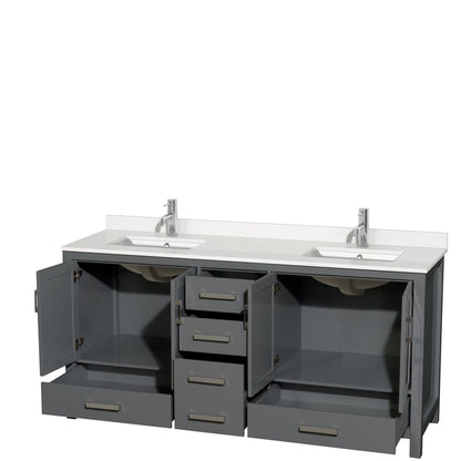 Wyndham Collection Sheffield 72" Double Bathroom Vanity in Dark Gray, White Quartz Countertop, Undermount Square Sinks, No Mirror