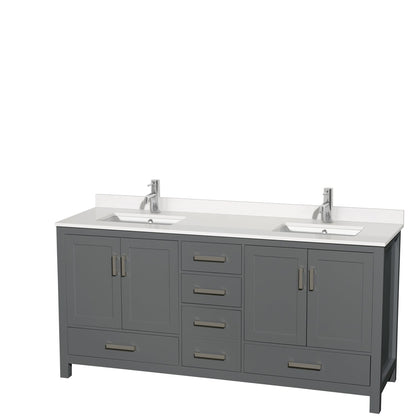 Wyndham Collection Sheffield 72" Double Bathroom Vanity in Dark Gray, White Quartz Countertop, Undermount Square Sinks, No Mirror