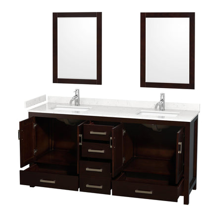 Wyndham Collection Sheffield 72" Double Bathroom Vanity in Espresso, Carrara Cultured Marble Countertop, Undermount Square Sinks, 24" Mirror