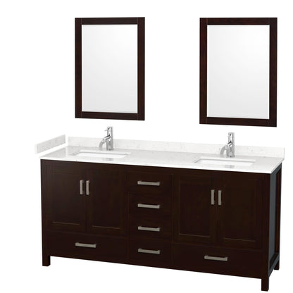 Wyndham Collection Sheffield 72" Double Bathroom Vanity in Espresso, Carrara Cultured Marble Countertop, Undermount Square Sinks, 24" Mirror