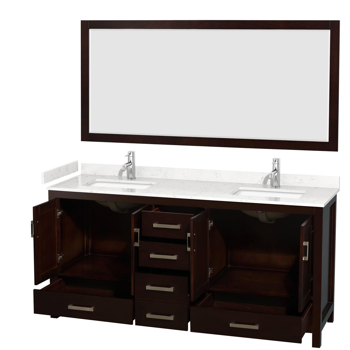 Wyndham Collection Sheffield 72" Double Bathroom Vanity in Espresso, Carrara Cultured Marble Countertop, Undermount Square Sinks, 70" Mirror