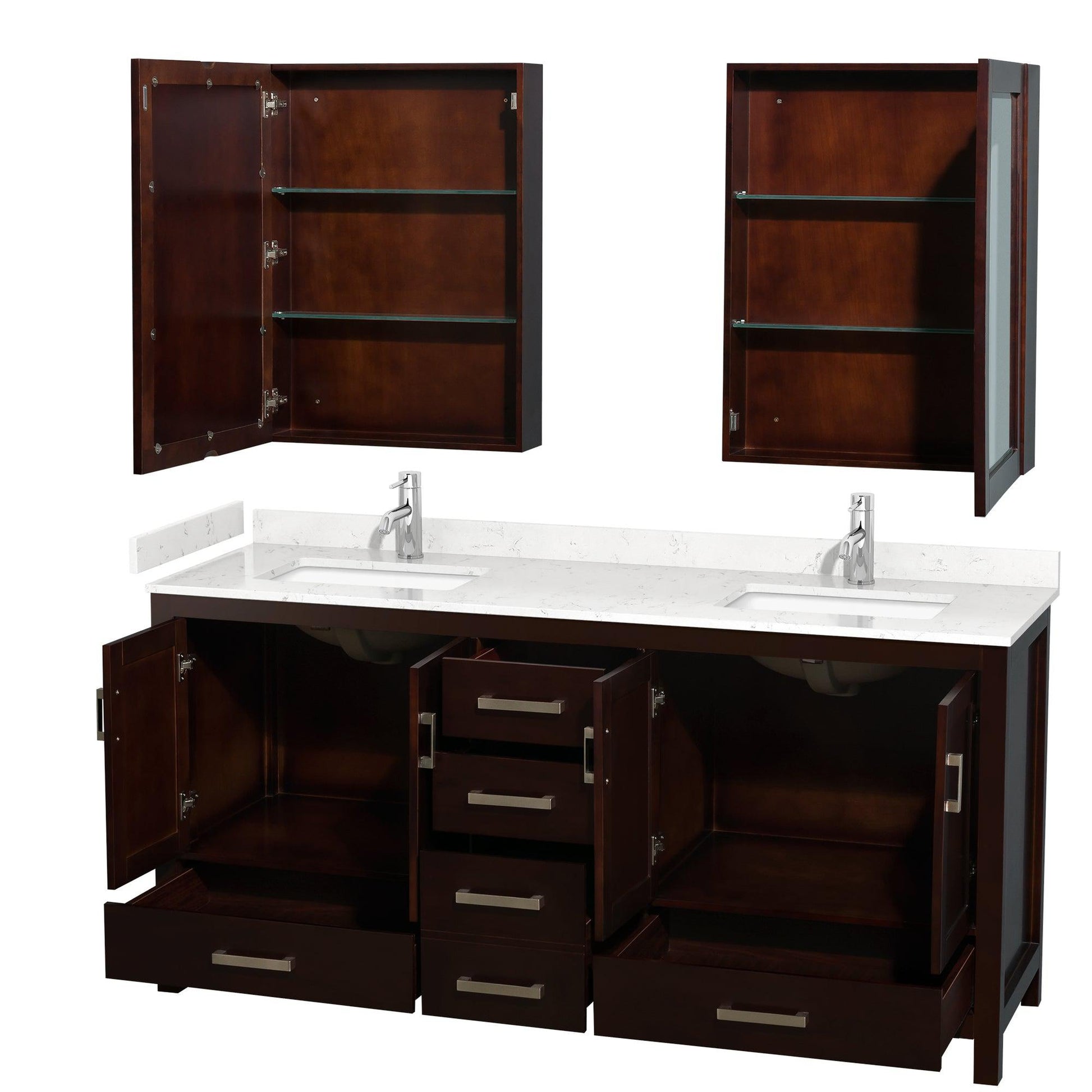 Wyndham Collection Sheffield 72" Double Bathroom Vanity in Espresso, Carrara Cultured Marble Countertop, Undermount Square Sinks, Medicine Cabinet