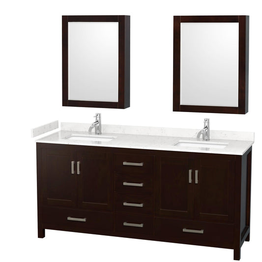 Wyndham Collection Sheffield 72" Double Bathroom Vanity in Espresso, Carrara Cultured Marble Countertop, Undermount Square Sinks, Medicine Cabinet