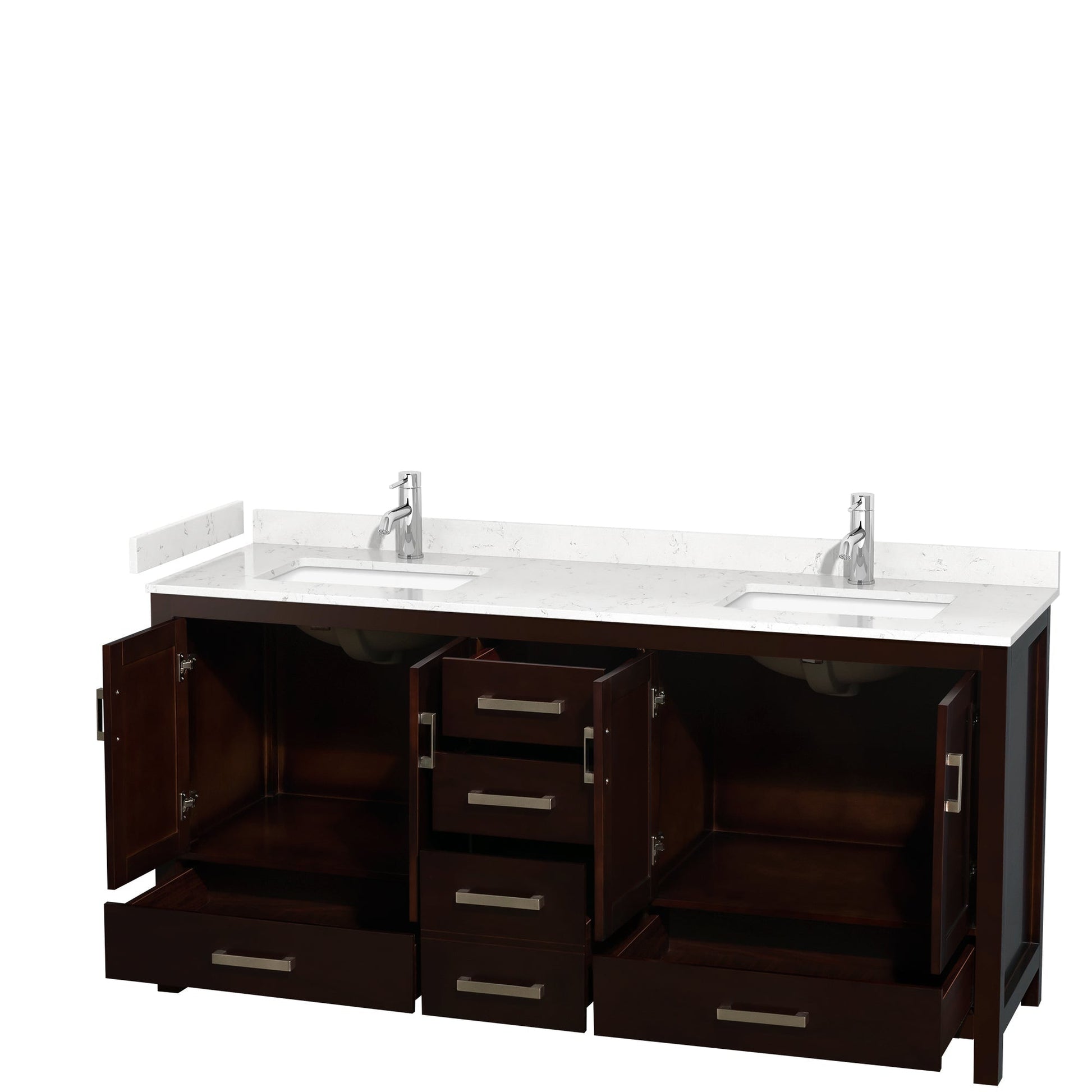 Wyndham Collection Sheffield 72" Double Bathroom Vanity in Espresso, Carrara Cultured Marble Countertop, Undermount Square Sinks, No Mirror