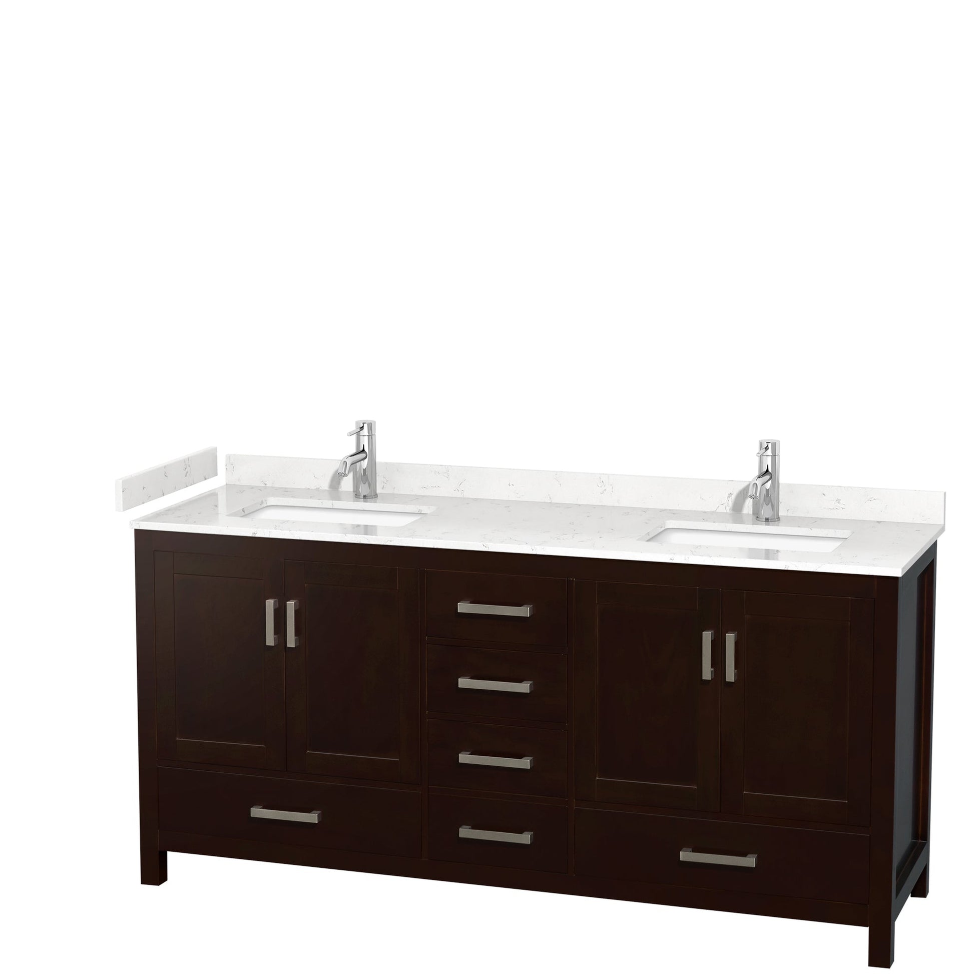 Wyndham Collection Sheffield 72" Double Bathroom Vanity in Espresso, Carrara Cultured Marble Countertop, Undermount Square Sinks, No Mirror