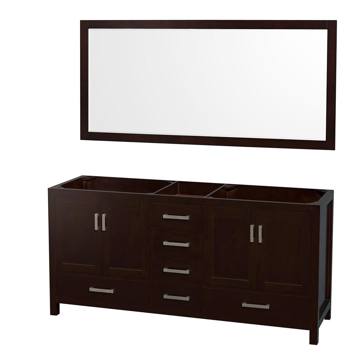 Wyndham Collection Sheffield 72" Double Bathroom Vanity in Espresso, No Countertop, No Sinks, and 70" Mirror