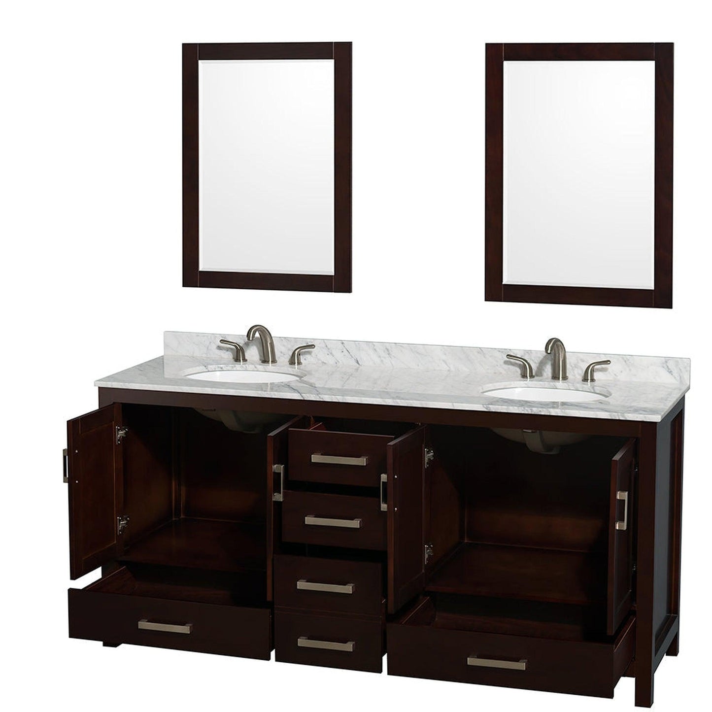 Wyndham Collection Sheffield 72" Double Bathroom Vanity in Espresso, White Carrara Marble Countertop, Undermount Oval Sinks, and 24" Mirror