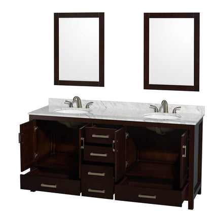 Wyndham Collection Sheffield 72" Double Bathroom Vanity in Espresso, White Carrara Marble Countertop, Undermount Oval Sinks, and 24" Mirror