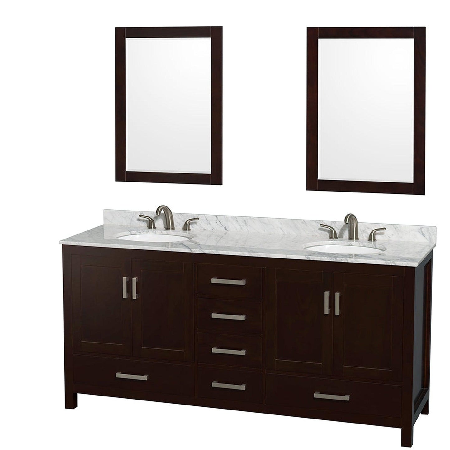 Wyndham Collection Sheffield 72" Double Bathroom Vanity in Espresso, White Carrara Marble Countertop, Undermount Oval Sinks, and 24" Mirror