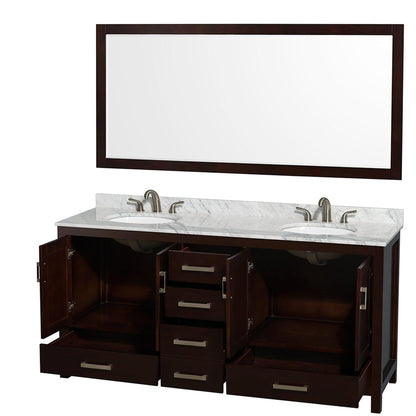 Wyndham Collection Sheffield 72" Double Bathroom Vanity in Espresso, White Carrara Marble Countertop, Undermount Oval Sinks, and 70" Mirror