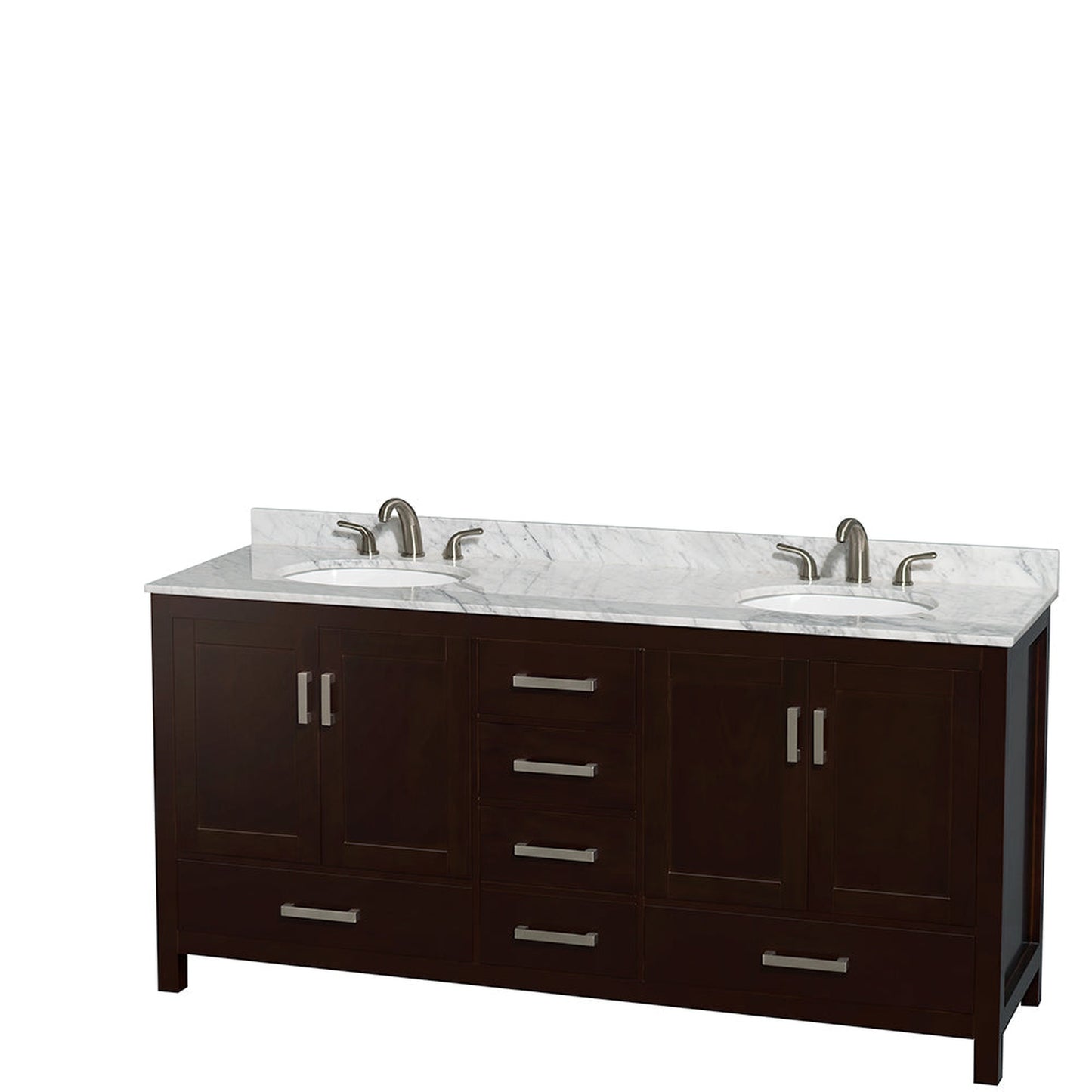 Wyndham Collection Sheffield 72" Double Bathroom Vanity in Espresso, White Carrara Marble Countertop, Undermount Oval Sinks, and 70" Mirror