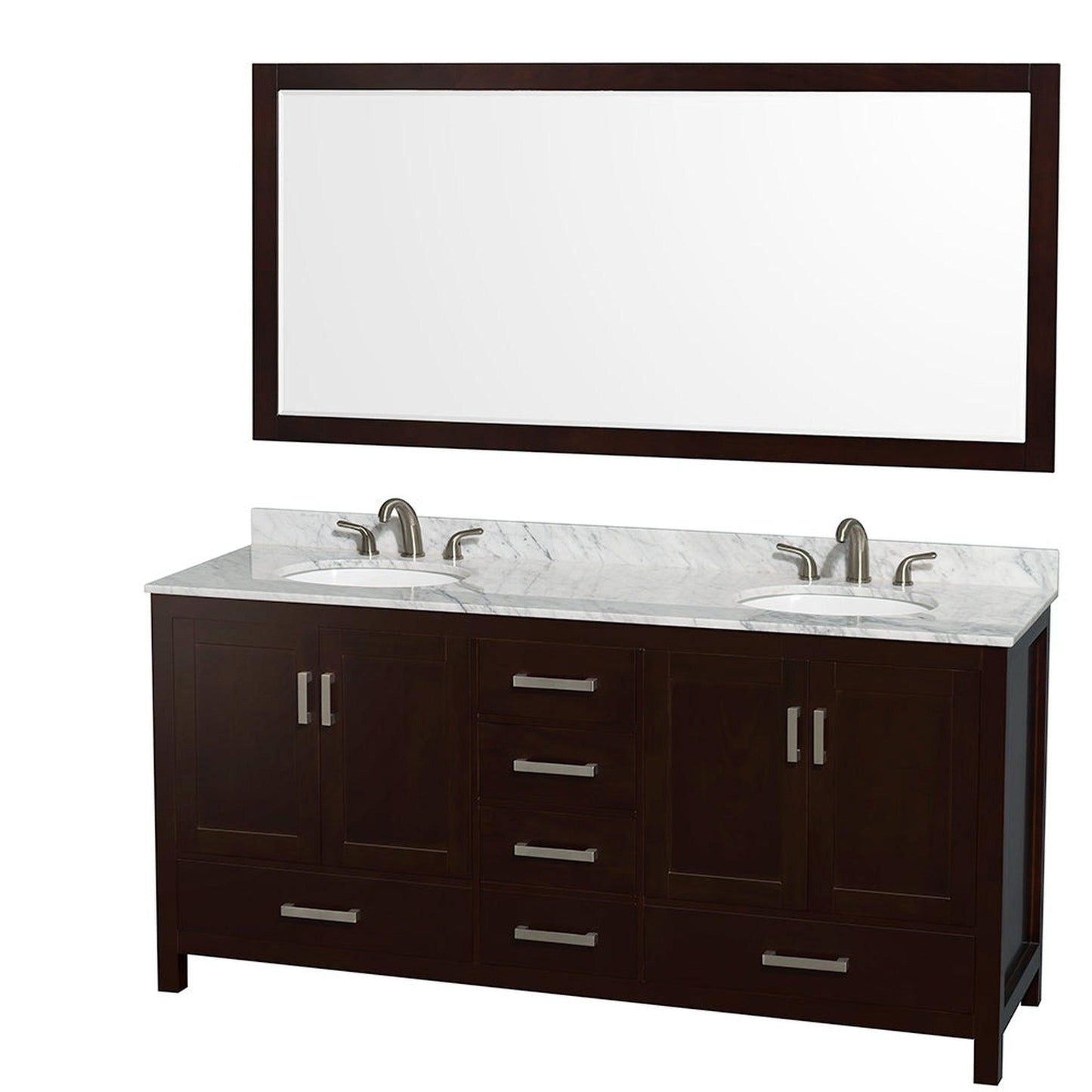 Wyndham Collection Sheffield 72" Double Bathroom Vanity in Espresso, White Carrara Marble Countertop, Undermount Oval Sinks, and 70" Mirror