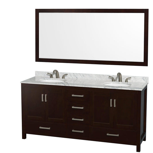 Wyndham Collection Sheffield 72" Double Bathroom Vanity in Espresso, White Carrara Marble Countertop, Undermount Oval Sinks, and 70" Mirror