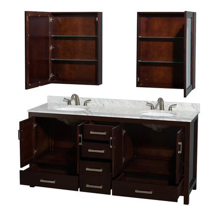 Wyndham Collection Sheffield 72" Double Bathroom Vanity in Espresso, White Carrara Marble Countertop, Undermount Oval Sinks, and Medicine Cabinet