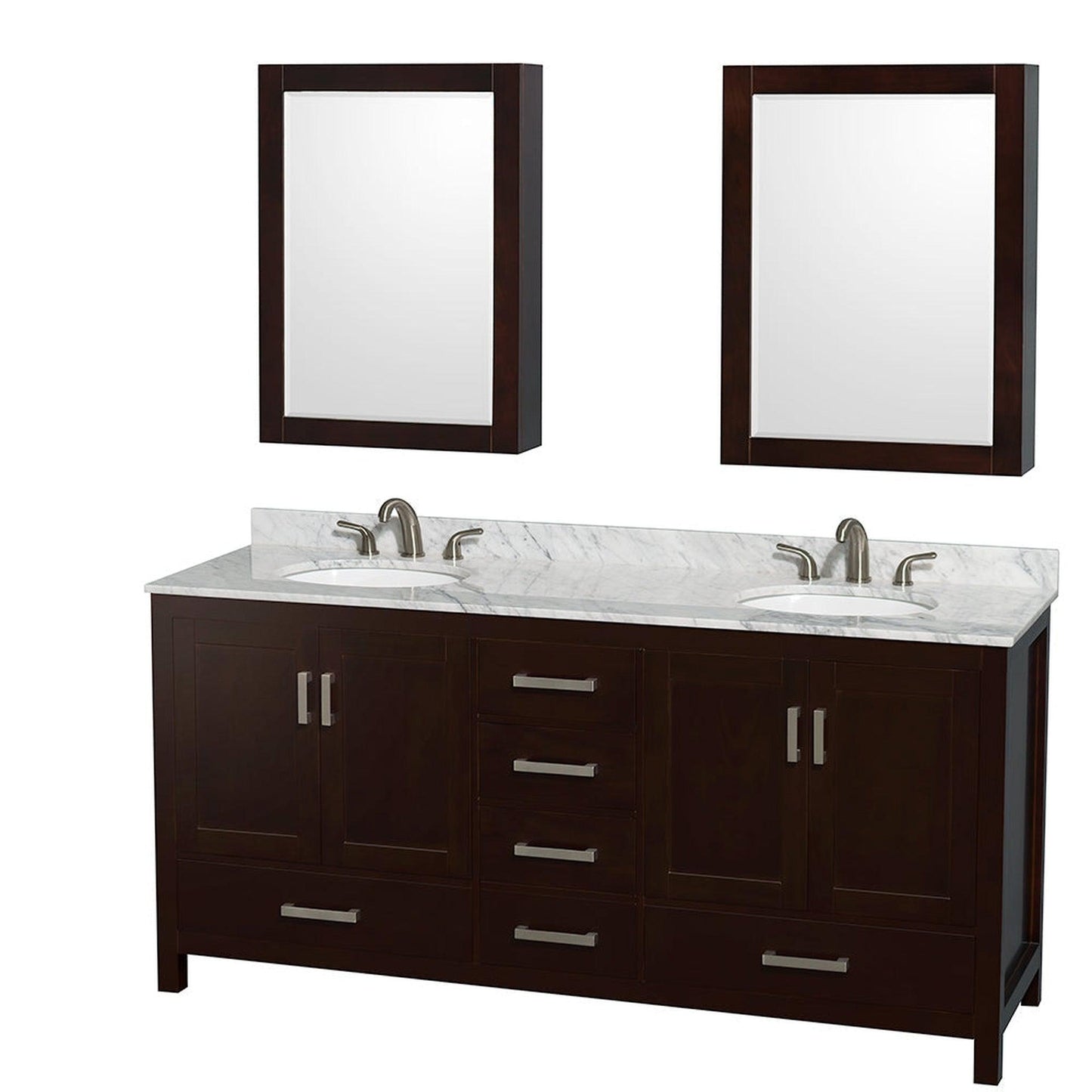 Wyndham Collection Sheffield 72" Double Bathroom Vanity in Espresso, White Carrara Marble Countertop, Undermount Oval Sinks, and Medicine Cabinet