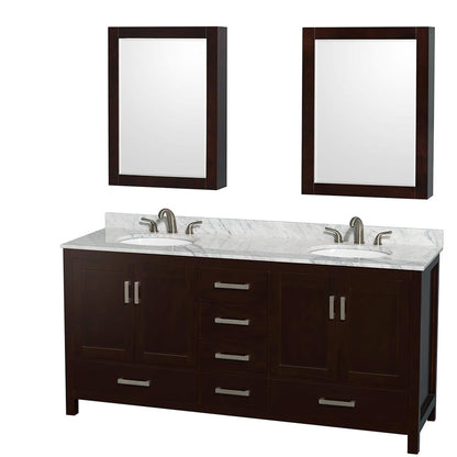 Wyndham Collection Sheffield 72" Double Bathroom Vanity in Espresso, White Carrara Marble Countertop, Undermount Oval Sinks, and Medicine Cabinet