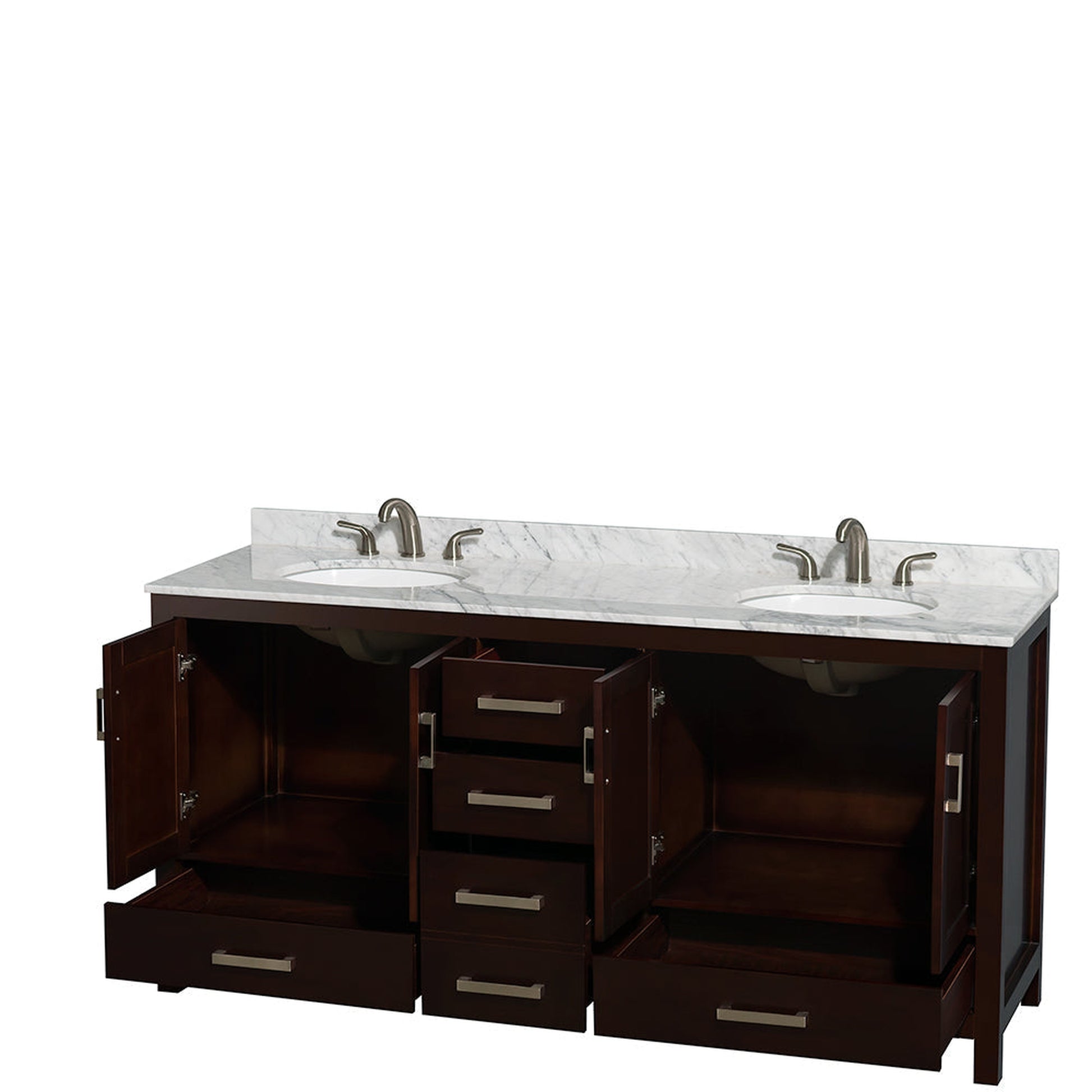 Wyndham Collection Sheffield 72" Double Bathroom Vanity in Espresso, White Carrara Marble Countertop, Undermount Oval Sinks, and No Mirror