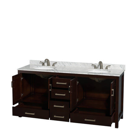 Wyndham Collection Sheffield 72" Double Bathroom Vanity in Espresso, White Carrara Marble Countertop, Undermount Oval Sinks, and No Mirror